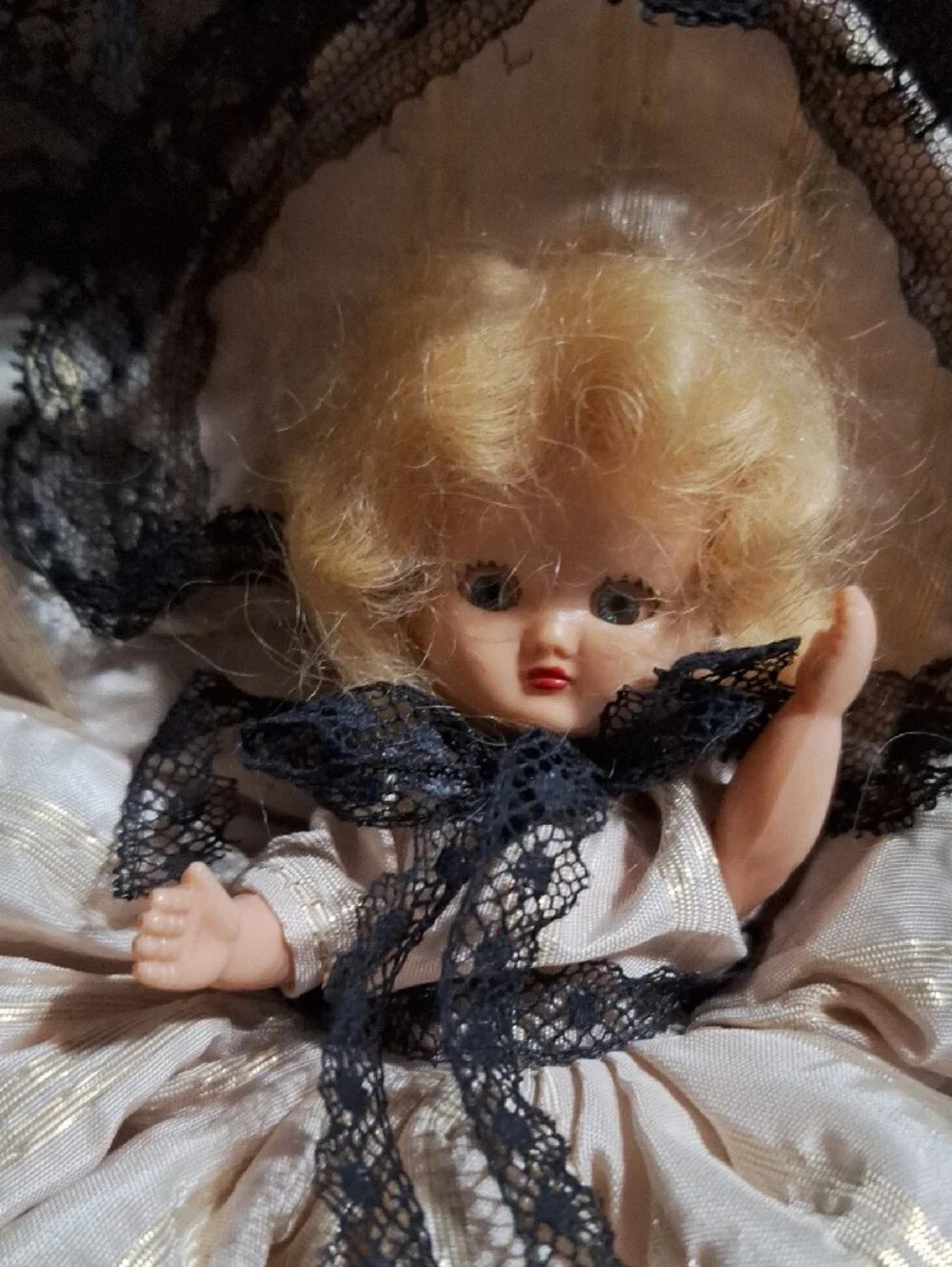 1940s Vintage Blonde Hollywood Doll in Cream Dress with Black Lace